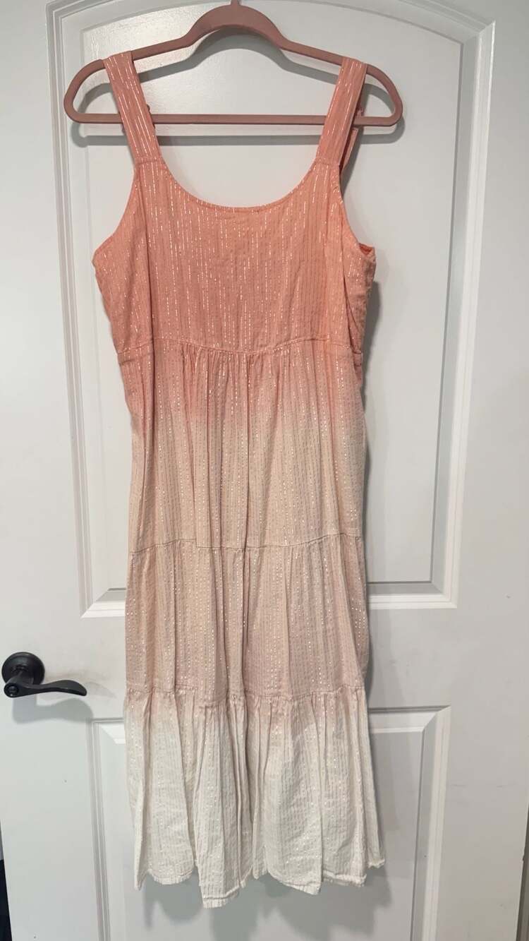 Pink Ombre Metallic Maxi Dress Tiered Boho Festival Romantic Women’s Large